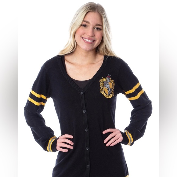 Harry Potter Womens Hufflepuff House Open Front Cardigan Juniors Knit Sweater - Picture 1 of 8